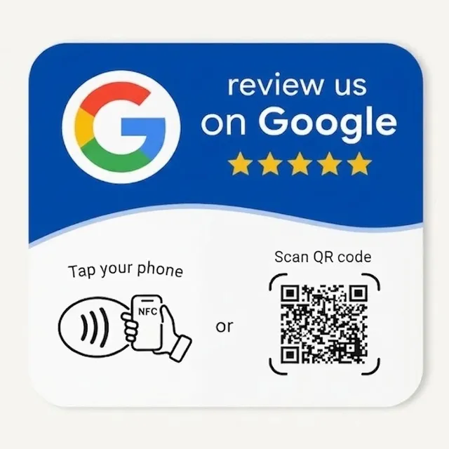 מדבקת NFC לבנה לביקורות גוגל מוצמדת לדלפק עסק